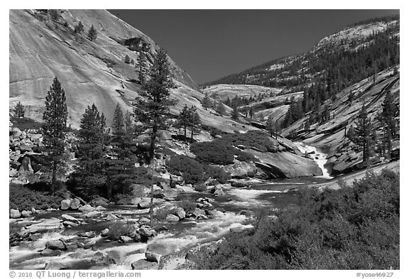 River flowing in smooth granite canyon. Yosemite National Park (black and white)