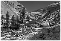 River flowing in smooth granite canyon. Yosemite National Park ( black and white)