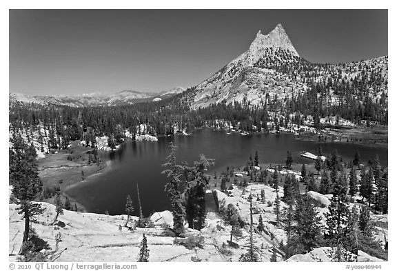 Upper Cathedral lake and Cathedral Peak, mid-day. Yosemite National Park (black and white)