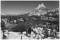 Upper Cathedral lake and Cathedral Peak, mid-day. Yosemite National Park ( black and white)