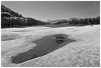 Colorful slab, pothole, and lower Cathedral Lake. Yosemite National Park ( black and white)
