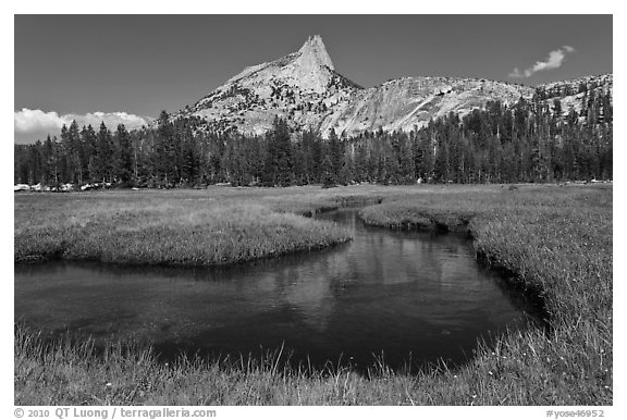 Cathedral Peak reflected in meandering stream. Yosemite National Park, California, USA.