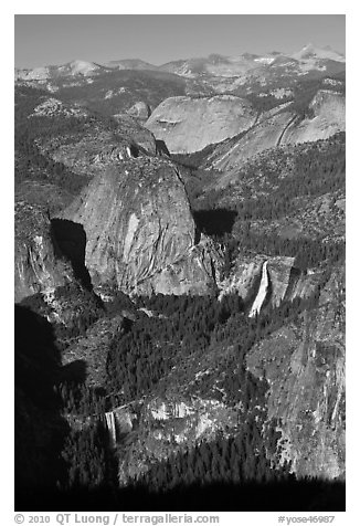 Merced River drainage with Nevada and Vernal Falls. Yosemite National Park (black and white)