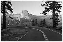 Road and Half-Dome. Yosemite National Park ( black and white)