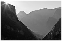 Sun, El Capitan, and Half Dome from near Inspiration Point. Yosemite National Park ( black and white)