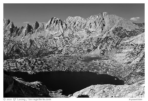 Shepherd Crest and Upper McCabe Lake from above. Yosemite National Park (black and white)