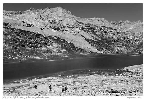 Family backpacking in Sierra Nevada mountains. Yosemite National Park (black and white)