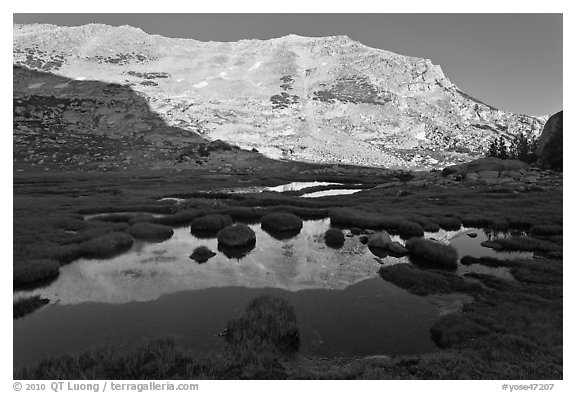 White mountain crest reflected in tarns. Yosemite National Park (black and white)