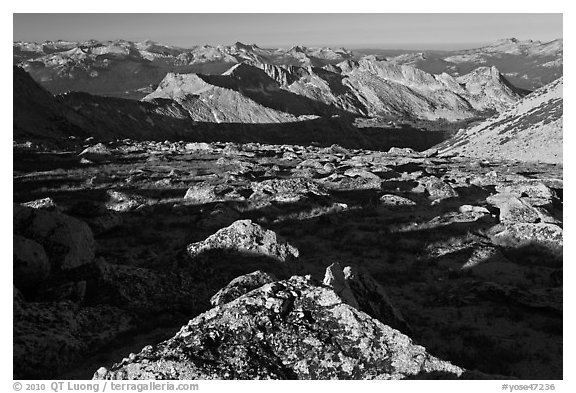 Domes and mountains from rocky plateau, Mount Conness. Yosemite National Park (black and white)