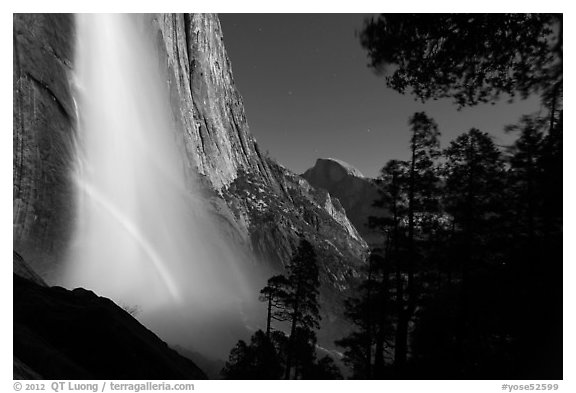 Double spray lunar rainbow, Upper Yosemite Falls and Half-Dome. Yosemite National Park, California, USA.