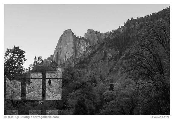 Sentinel Rock, Yosemite Valley visitor center window reflexion. Yosemite National Park (black and white)