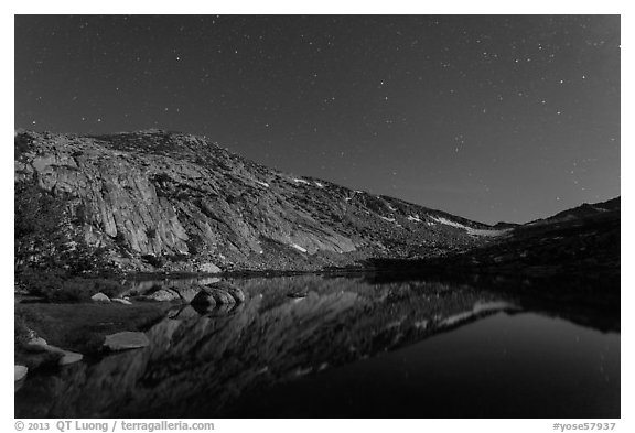 Vogelsang Lake moonlit at night. Yosemite National Park (black and white)