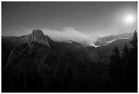 Half-Dome, fire, and moon. Yosemite National Park ( black and white)