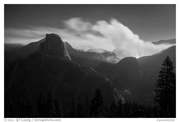 Half-Dome and wildfire at night. Yosemite National Park (black and white)