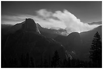 Half-Dome and wildfire at night. Yosemite National Park ( black and white)