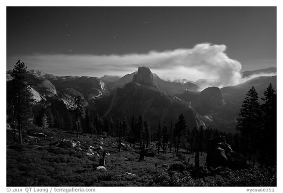 Half-Dome and plume of smoke from forest fire at night. Yosemite National Park (black and white)
