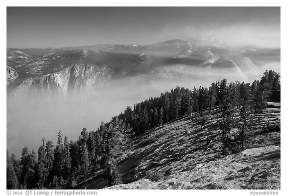 View from Sentinel Dome over fog-filed Valley. Yosemite National Park (black and white)