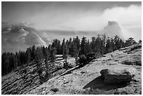 Foggy valley and Half-Dome from Sentinel Dome. Yosemite National Park ( black and white)