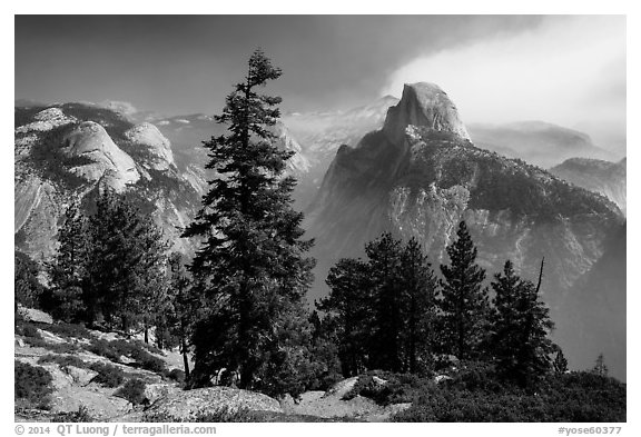 Half Dome from Glacier Point, smoke clearing. Yosemite National Park (black and white)