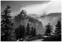 Half Dome from Glacier Point with wildfire. Yosemite National Park ( black and white)