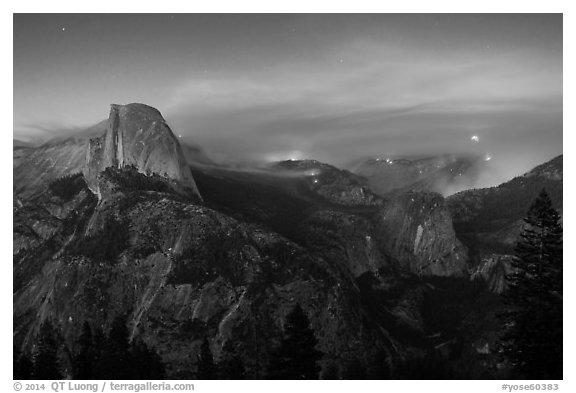 Half-Dome, forest fire, and moon rising. Yosemite National Park (black and white)