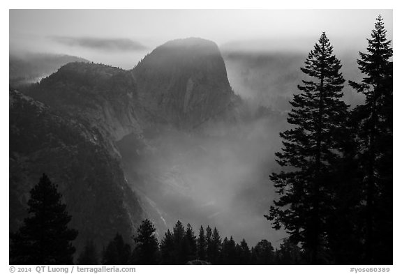 Liberty cap and smoke at night. Yosemite National Park (black and white)