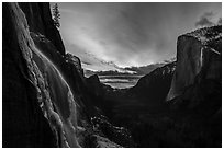 Seasonal waterfall, Yosemite Valley, and Horsetail Fall firefall. Yosemite National Park ( black and white)