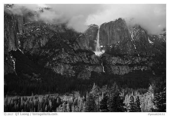 Yosemite Falls from base of cliffs on south side. Yosemite National Park (black and white)