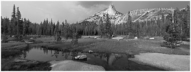 Stream and Cathedral Peak in storm light. Yosemite National Park (Panoramic black and white)