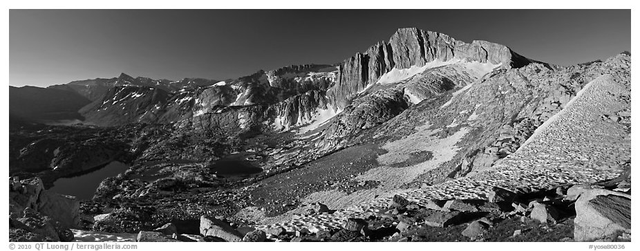 North Peak and Twenty Lakes Basin from McCabe Pass, early morning. Yosemite National Park (black and white)