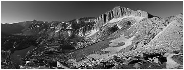 North Peak and Twenty Lakes Basin from McCabe Pass, early morning. Yosemite National Park (Panoramic black and white)