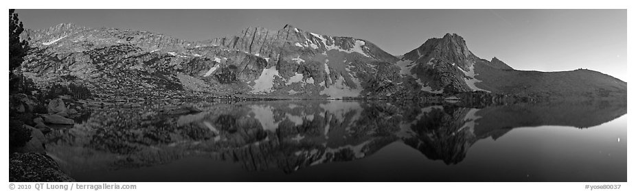 Chain of mountains above upper McCabbe Lake at dusk. Yosemite National Park (black and white)