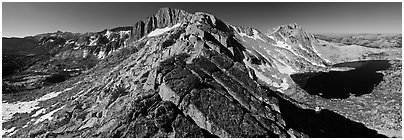 North Peak and Upper McCabe Lake from North Ridge. Yosemite National Park (Panoramic black and white)