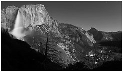 Upper Yosemite Fall with moonbow, Yosemite Village, and Half-Dome. Yosemite National Park (Panoramic black and white)