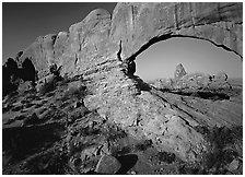 Windows with view of Turret Arch from opening. Arches National Park, Utah, USA. (black and white)
