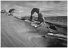 Delicate Arch, winter sunset. Arches National Park, Utah, USA. (black and white)
