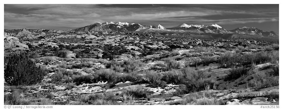 Petrified dunes and mountains in winter. Arches National Park (black and white)