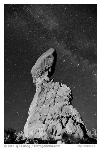 Balanced rock and Milky Way. Arches National Park (black and white)