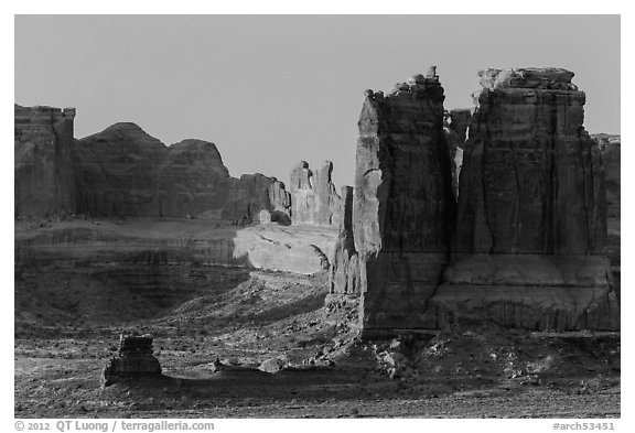 Organ and Courthouse Towers at sunrise. Arches National Park (black and white)