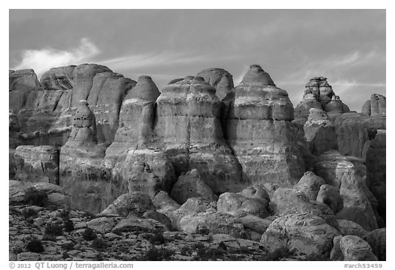 Last light of Fiery Furnace. Arches National Park (black and white)