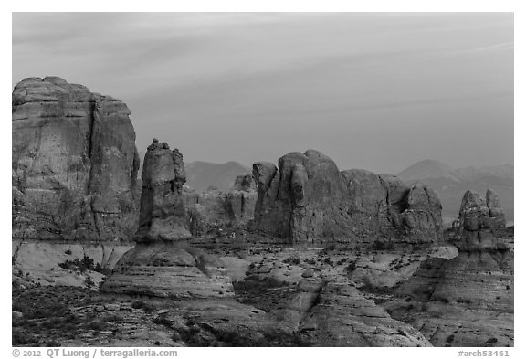 Entrada Sandstone towers seen from Garden of Eden at sunset. Arches National Park (black and white)