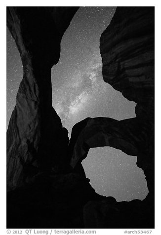 Milky Way appearing above Double Arch. Arches National Park, Utah, USA.
