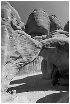 Sand floor, Sand Dune Arch, and towers. Arches National Park, Utah, USA. (black and white)