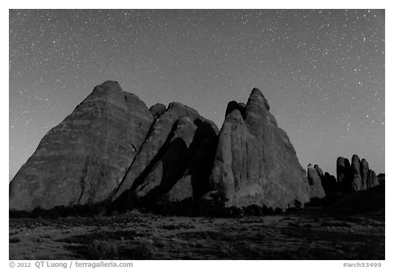 Fins at night with Milky Way. Arches National Park, Utah, USA.
