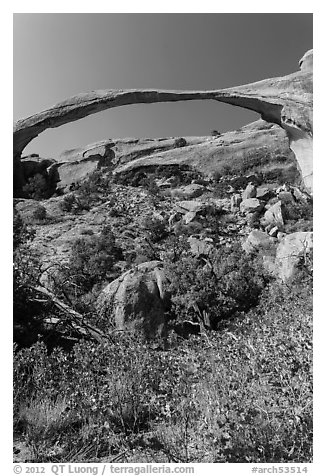 Landscape Arch with fallen boulders. Arches National Park (black and white)