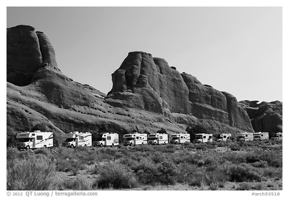 RVs parked at Devils Garden trailhead. Arches National Park (black and white)
