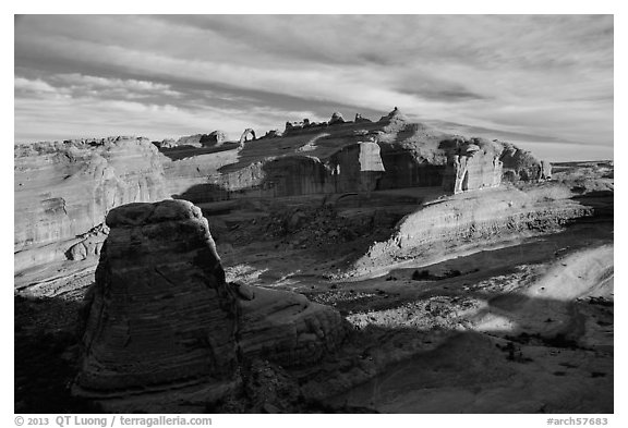 Winter Camp Wash and Delicate Arch at sunrise. Arches National Park (black and white)