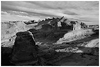 Winter Camp Wash and Delicate Arch at sunrise. Arches National Park, Utah, USA. (black and white)