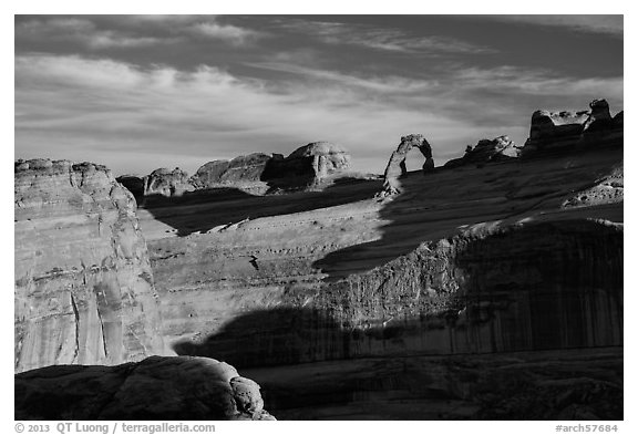 Delicate Arch and Winter Camp Wash Amphitheater. Arches National Park, Utah, USA.
