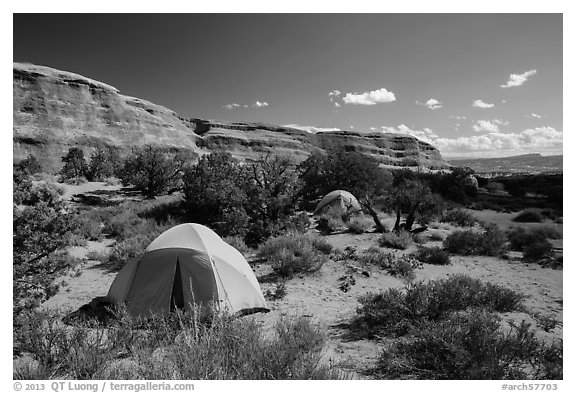 Tent camping. Arches National Park (black and white)